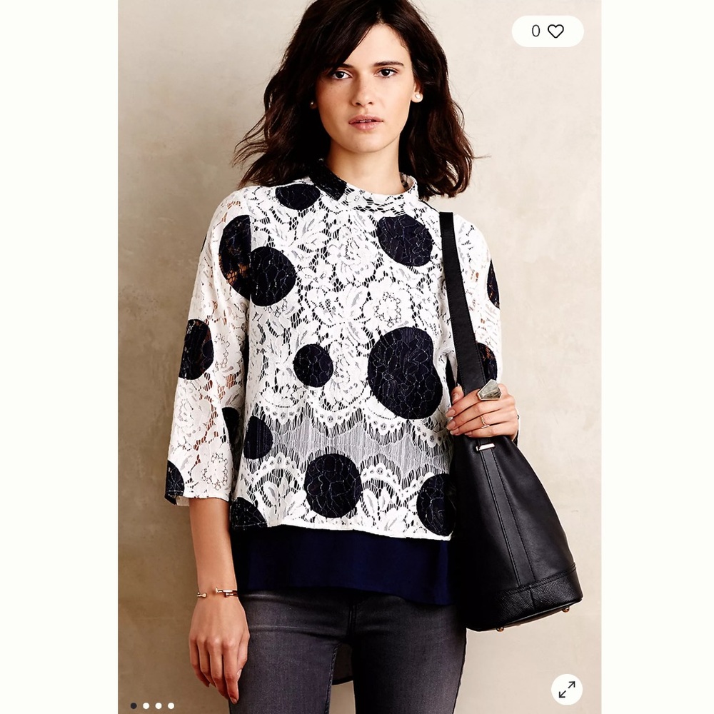 HD in Paris Anthropologie Blue and Cream Polka Dot Lace Blouse Size 2